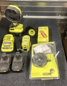 lot 58 image: Untested Ryobi Cordless Tool Bundle with Fan, Chargers, Batteries, Trimmer Accessories