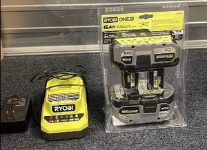 lot 59 image: Ryobi 18V Charger with 2-Pack 6Ah Lithium Ion Batteries