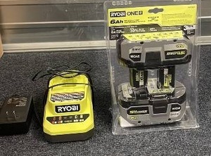 lot 60 image: Ryobi 18V Charger with 2-Pack 6Ah Lithium Ion Batteries