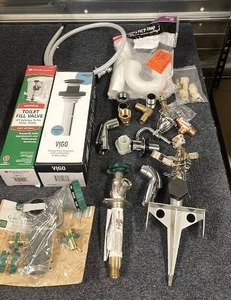 lot 83 image: Plumbing Parts Lot with Toilet Fill Valve, P-Trap, Valves, and Fittings