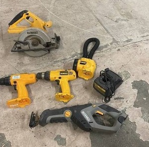lot 123 image: Lot of DeWalt and Rockwell Cordless Power Tools with Charger