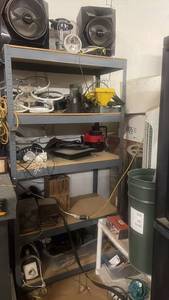 lot 162 image: Lot of Mixed Electronics, Shop Tools, and Shelving Contents