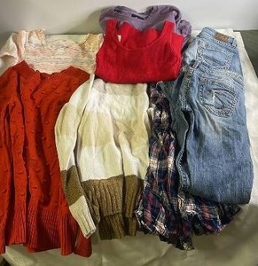 lot 246 image: Collection of Womens Clothing including Sweaters, Plaid Shirt, Jeans, and Floral Set