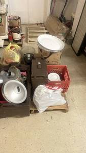 lot 249 image: Commercial Kitchen Supply Lot with Chafers, Plates, Utensils, and Beverage Dispensers