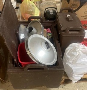 lot 249 image: Commercial Kitchen Supply Lot with Chafers, Plates, Utensils, and Beverage Dispensers
