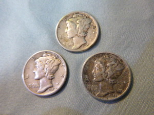 lot 8 image: Three Silver Mecury Dimes