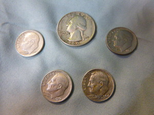 lot 9 image: Silver Quarter and 4 Silver Dimes