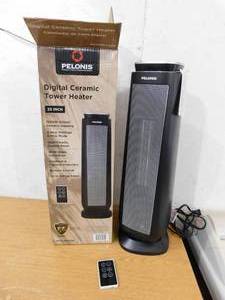 lot 43 image: SHOP BLACK FRIDAY DEALS Black Friday Deals  Pelonis 1500-Watt 23 in. Digital Tower Indoor Ceramic Heater Quiet Operation w Safety Overheat Protection and Fan Mode in Black