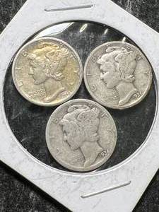 lot 08 image: 3 US MERCURY DIMES 1934 1936-S 1943-D
