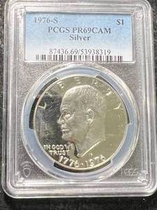 lot 17 image: 1976-S US SILVER EISENHOWER DOLLAR PCGS PR69CAM SILVER