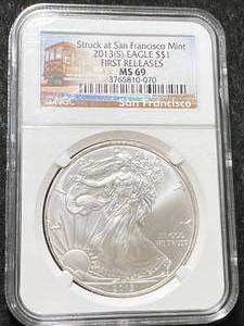 lot 18 image: 2013-S AMERICAN SILVER EAGLE NGC MS69 FIRST RELEASE