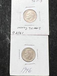 lot 38 image: 2 US ROOSEVELT DIMES 1946 1958-D