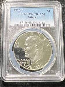 lot 59 image: 1976-S US SILVER EISENHOWER DOLLAR PCGS PR69CAM SILVER