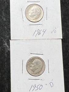 lot 66 image: 2 US ROOSEVELT DIMES 1950-D 1964-D