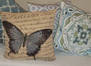 lot 120 image: Pottery Barn Oatmeal and Blue Butterfly Decorative Pillow Collection