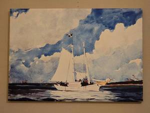 lot 96 image: Large Sailboat Harbor Canvas Wall Art  Fishing Schooner, Nassau - Winslow Homer