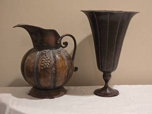 lot 140 image: Metal Decorative Grapevine Pitcher & Flared Metal Vase  Pair