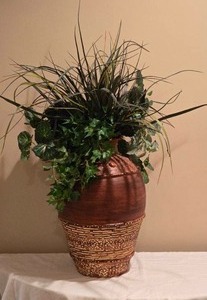 lot 142 image: Tall Textured Ceramic Floor Vase w Faux Greenery