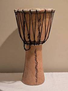 lot 166 image: Hand-Carved African Djembe Drum  Natural Wood & Hide Head