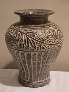 lot 167 image: Hand-Etched Artisan Clay Vase  Textured Leaf & Stripe Design