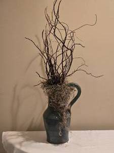 lot 168 image: Rustic Ceramic Pitcher Vase with Natural Moss & Twigs Arrangement