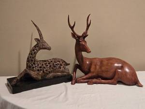 lot 145 image: Pair of Reclining Deer Sculptures - Carved Wood & Cast Metal - Uttermost