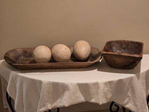 lot 170 image: Primitive Hand-Carved Wooden Dough Trough w 3 Ostrich Eggs & Wood Bowl Dcor