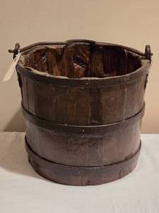 lot 178 image: Antique Chinese Wood Farm Bucket w Iron Banding