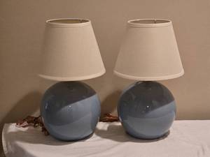lot 182 image: Pair of Round Ceramic Table Lamps  Soft Blue w Shades