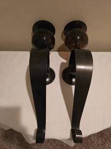 lot 192 image: Pair of Heavy Metal Wall Candle Sconces with Amber Glass Orbs