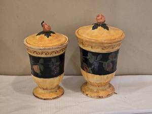 lot 212 image: Pair of Tuscan Style Ceramic Fruit Decor Covered Jars with Pitcher & Charger