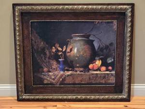 lot 215 image: Framed Still Life Art  Rustic Pottery & Fruit Scene in Ornate Frame