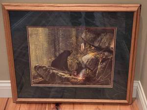 lot 219 image: Framed Wildlife Art Print  Black Bears with Forest Rock Ledge
