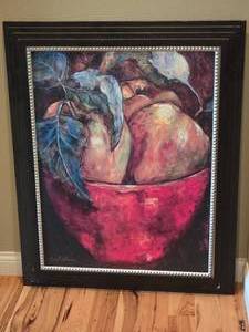 lot 223 image: Large Framed Contemporary Fruit Still Life Art  Red Bowl Composition