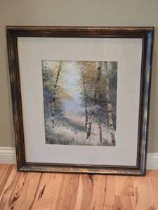 lot 227 image: Tall Framed Birch Tree Landscape Art Print  Neutral Woodland Scene