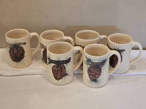 lot 228A image: East Texas Pottery Pinecone Coffee Mug Set  (6) Piece Lot