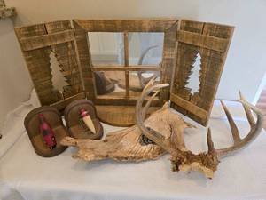 lot 335 image: Rustic Lodge Dcor Lot  Barnwood Window Frame  Vintage Fishing Lure Mounts  Antler Rack