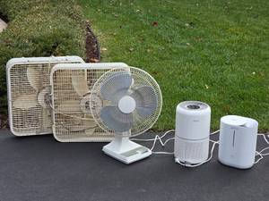lot 332 image: Box Fans  Pedestal Fan  Air Purifier  Humidifier Lot
