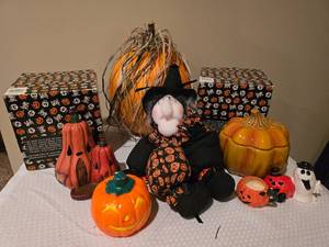 lot 303 image: Large Mixed Halloween Decor Lot  Pumpkins  Witch  Figurines