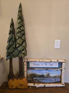 lot 307 image: Rustic Cabin  Lakeside Accent Decor Lot  Carved Pines & Welcome to the Lake Sign