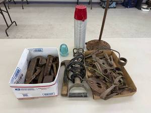 lot 54 image: Mixed Metal Vintage Lot - Traps, Branding Iron, Railroad Stakes