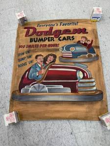 lot 150 image: Vintage Canvas Bumper Cars Sign 32 x 38