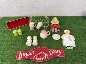 lot 162 image: Salt & Pepper Shakers, Vintage Salt Holder & Kitchen Items