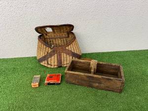 lot 230 image: Fishing Creel with Leather Straps, Wood Box & Powerlets Co2 Cylinders