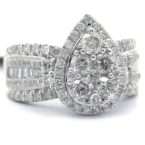 lot 3 image: NEW 2 Carat Natural Diamond Pear Halo Cluster Ring in White Gold Retail $4,995