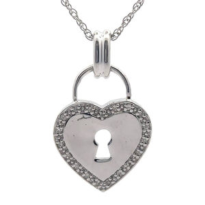 lot 21 image: Natural Diamond & Mother of Pearl Heart Padlock Pendant Necklace VIDEO