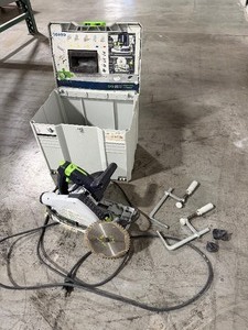 lot 70 image: Festool Plunge-Cut Track saw TS 55 REQ, clamps and circular blade in a case.
