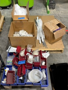 lot 128 image: (2) pallets of hardware, foam backer rods, metal stiffener bars, and Novacel support brackets and more