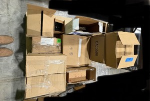 lot 127 image: Pallet of Hardware Door Stop Wall Mounts, Routing eye bolts, corner braces, Hafele Panel Connectors