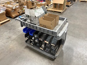 lot 122 image: Utility Cart with slanted plastic bins holding hardware, box of coiled nails, and other items.